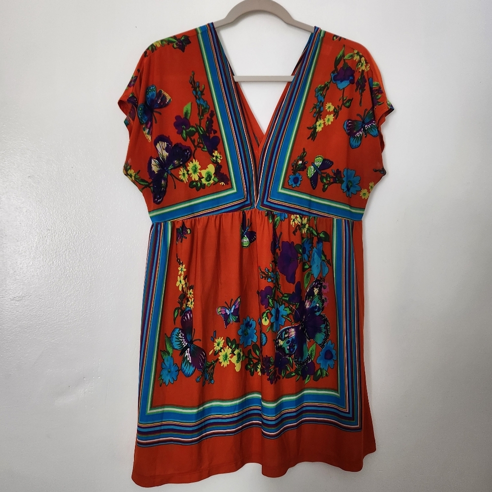 Vixen XL Orange Butterfly Print Tunic Top V-Neck Short Sleeve Longline Stretch